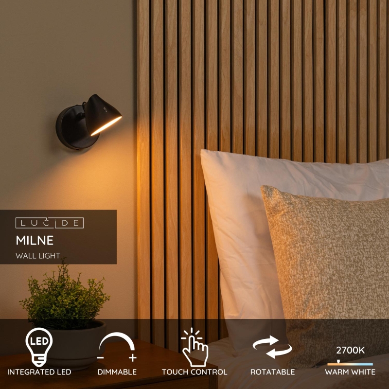 Lucide MILNE - Nástenné svietidlo - LED Dim. - 1x6W 2700K - Čierna